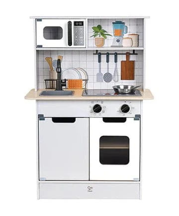 Hape kitchen playset with light and sound features, includes toy stove, sink, and utensils for imaginative kids' play
