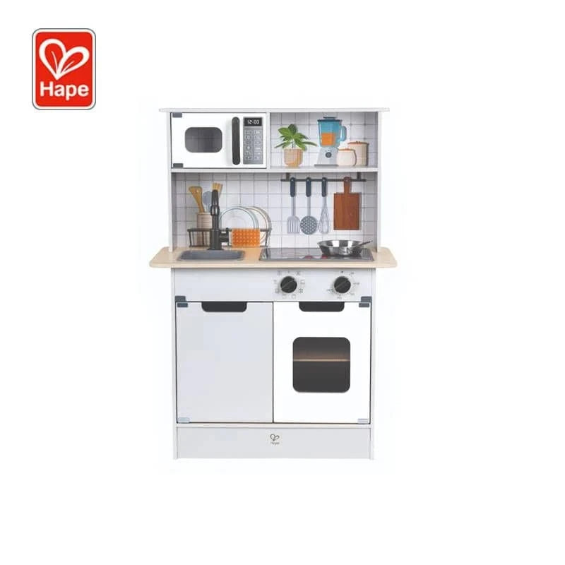 Hape kitchen playset toy with light and sound features, includes stove, sink, and utensils for imaginative play.
