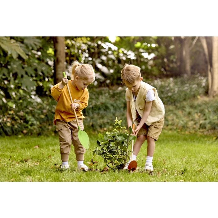 Hape pointed garden shovel toy for kids, with a sturdy handle and pointed metal blade for outdoor play and digging activities.