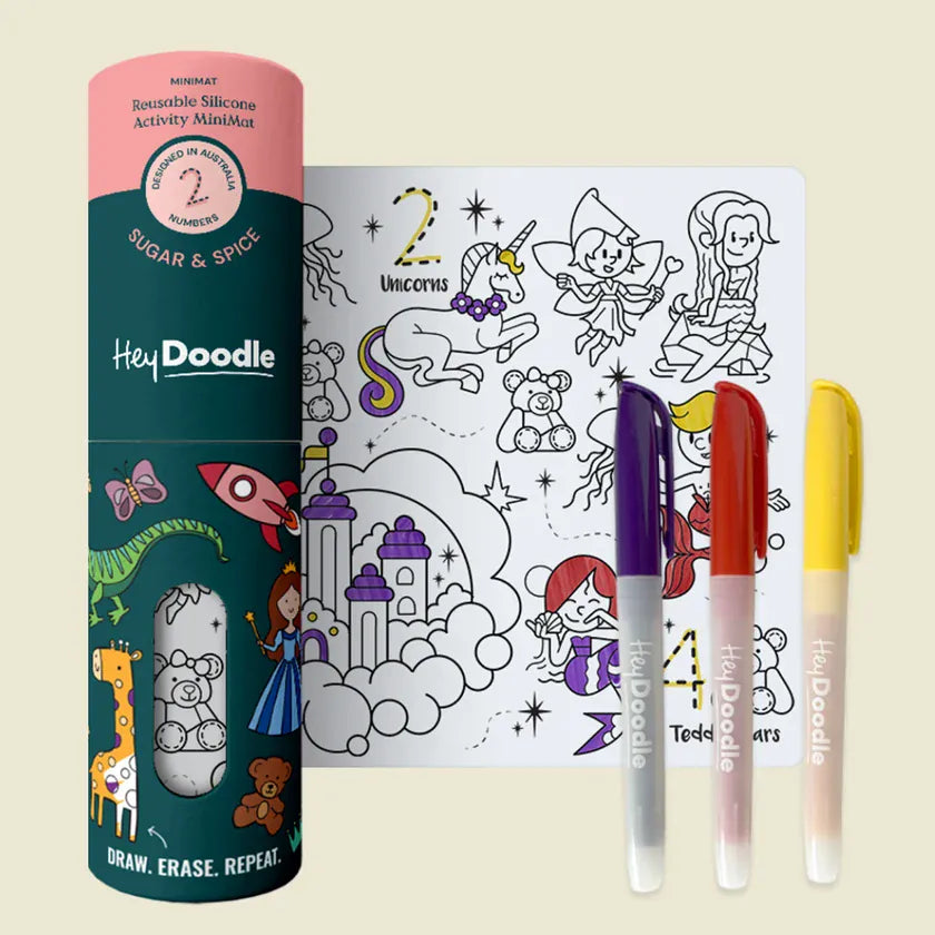 HeyDoodle Sugar & Spice Mini Playmat for toys, featuring colorful, educational design with playful patterns on a soft surface.