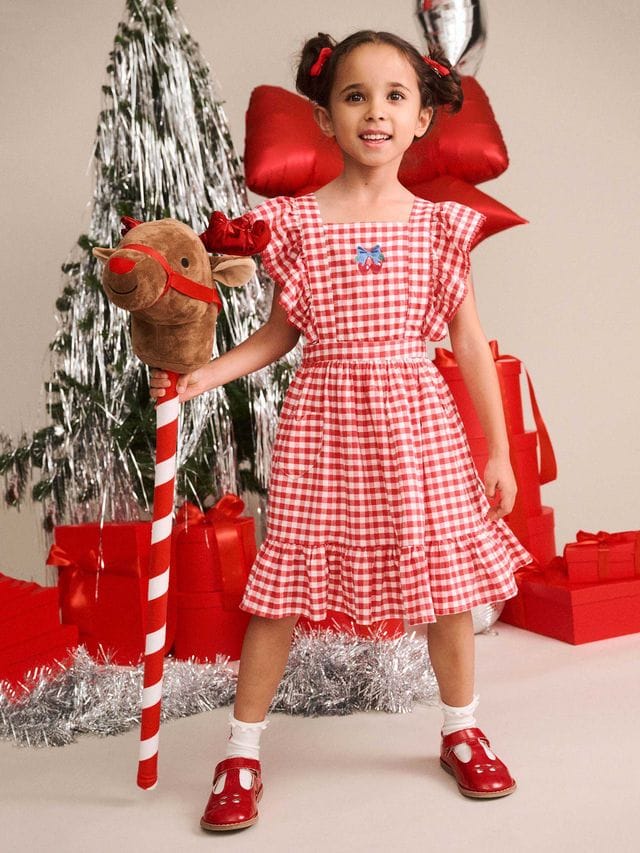 Huxbaby Girls Dress 3Y Cherry Bow Gingham Pinafore