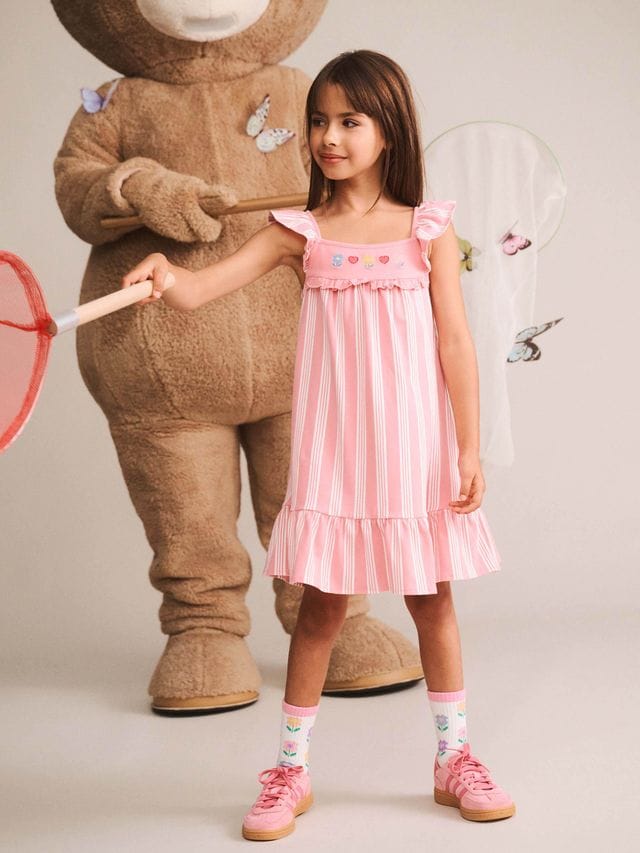 Huxbaby Girls Dress 3Y Floral Embroidered Stripe Dress