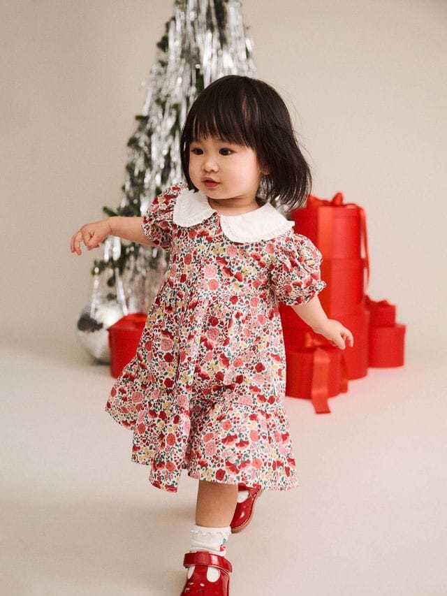 Huxbaby Girls Dress 6-12M Festive Floral Frill Collar Dress