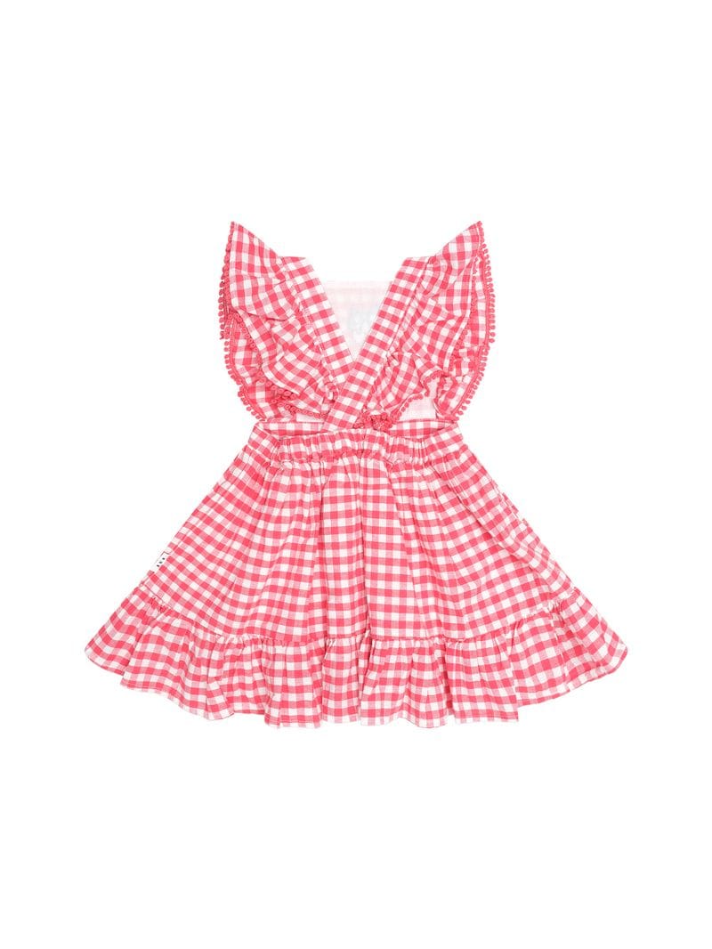 Huxbaby Girls Dress Cherry Bow Gingham Pinafore