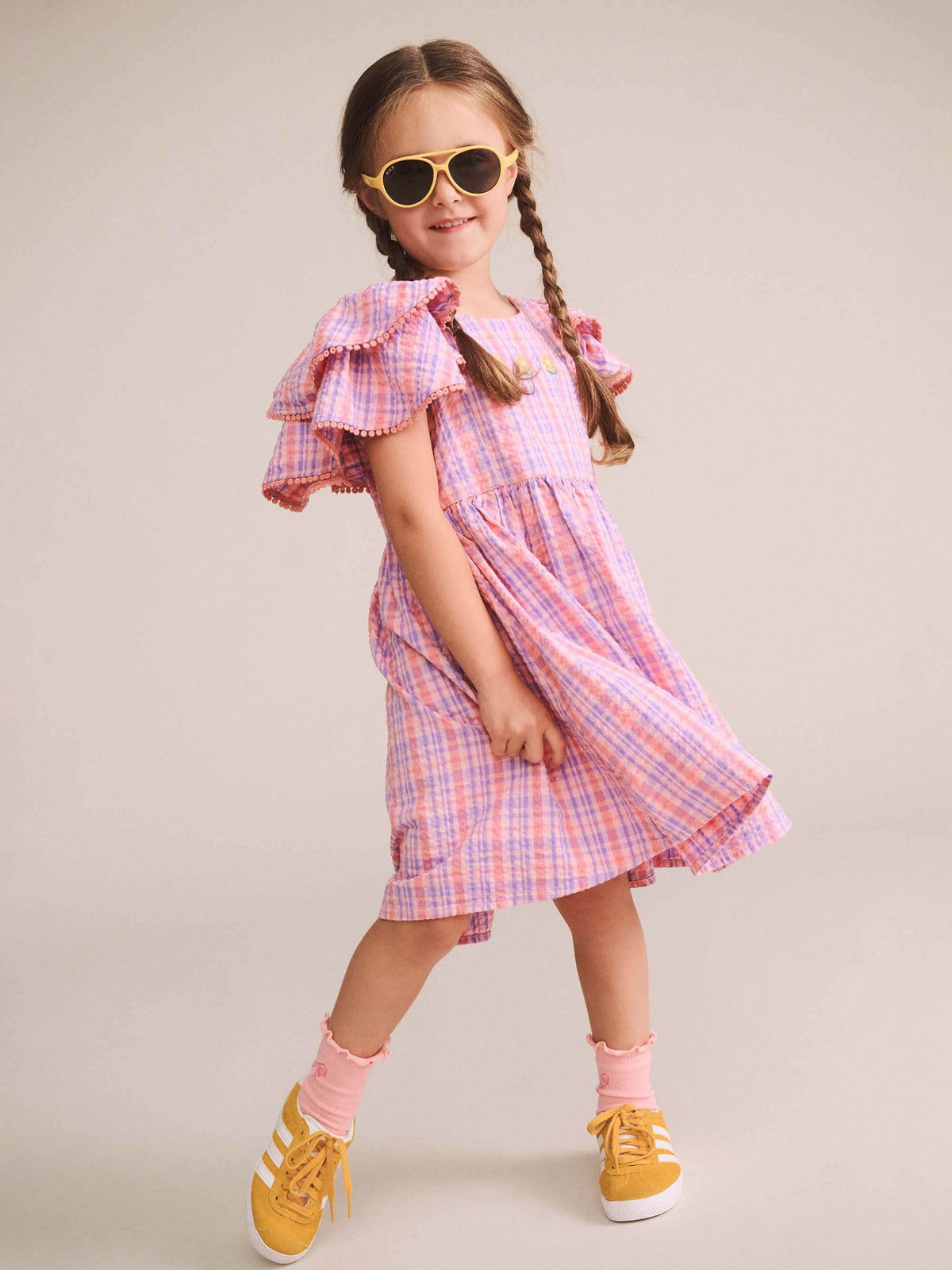 Huxbaby Girls Dress Floral Embroidered Tropical Check Dress