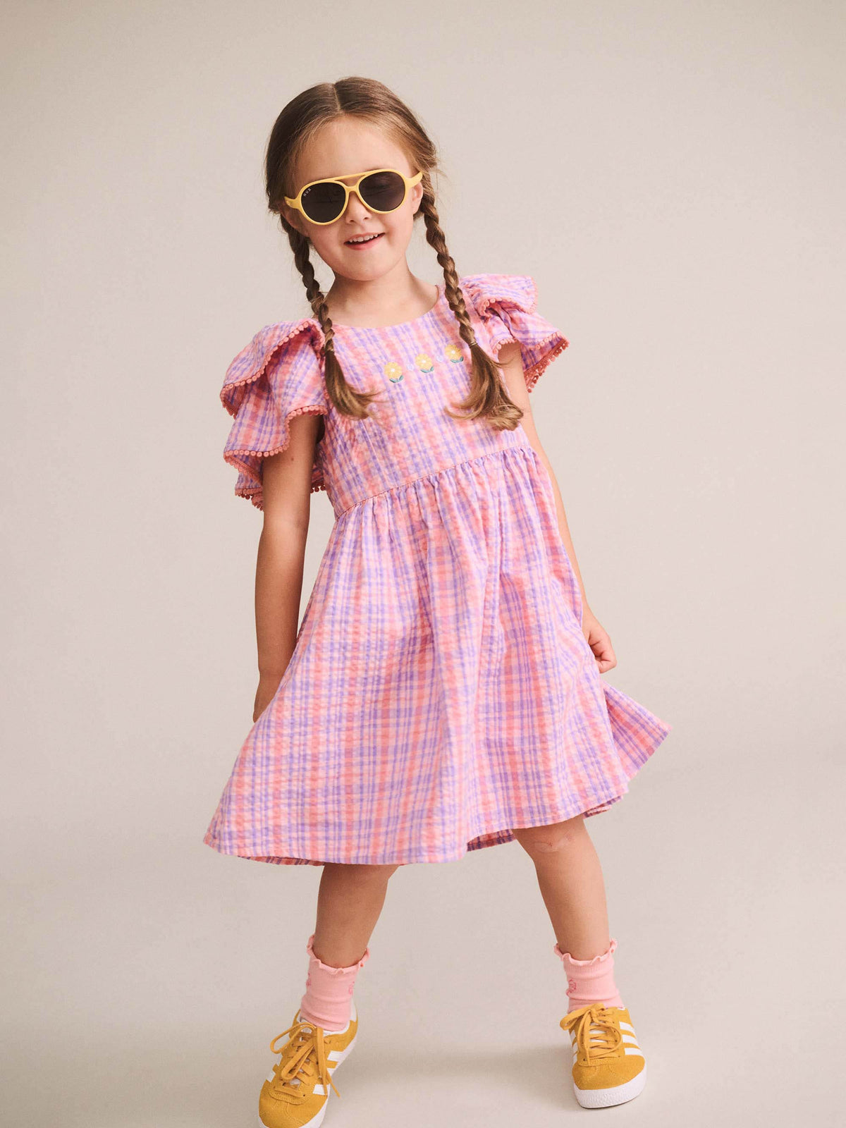 Huxbaby Girls Dress Floral Embroidered Tropical Check Dress