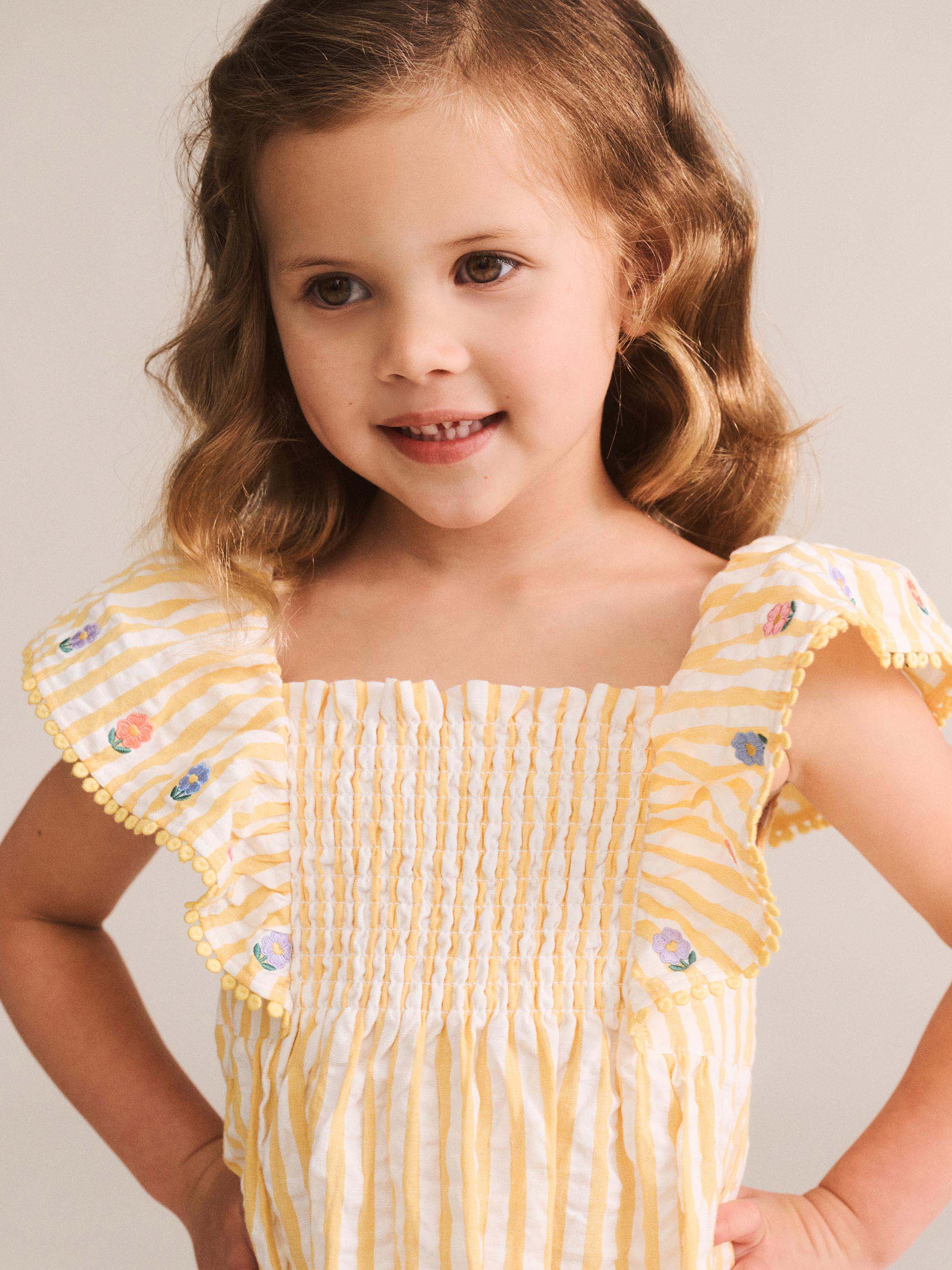 Huxbaby Girls Dress Flower Field Stripe Shirred Dress