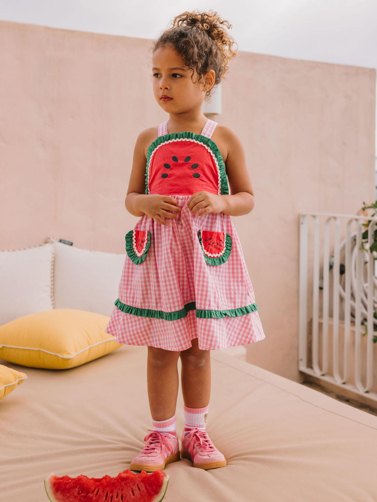 Huxbaby girls' One-in-a-Melon Check Dress featuring a playful check pattern and comfortable fabric for stylish everyday wear.