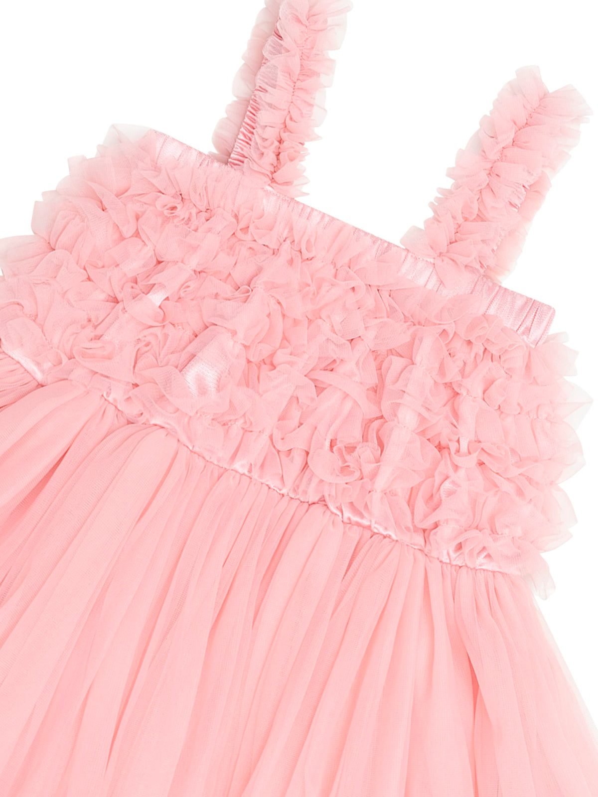 Pink girls' Cha Cha Dress by Huxbaby featuring soft fabric and playful ruffle details, perfect for casual and special occasions.