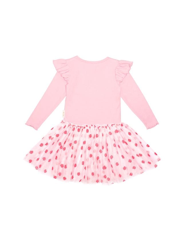 Girls dress by Huxbaby with rose embroidery and tulle fabric, featuring a soft pink design perfect for special occasions.