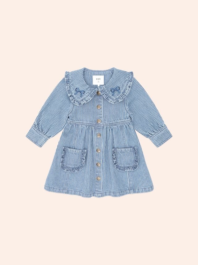 Huxbaby Girls Dress Vintage Bow Collar Denim Dress