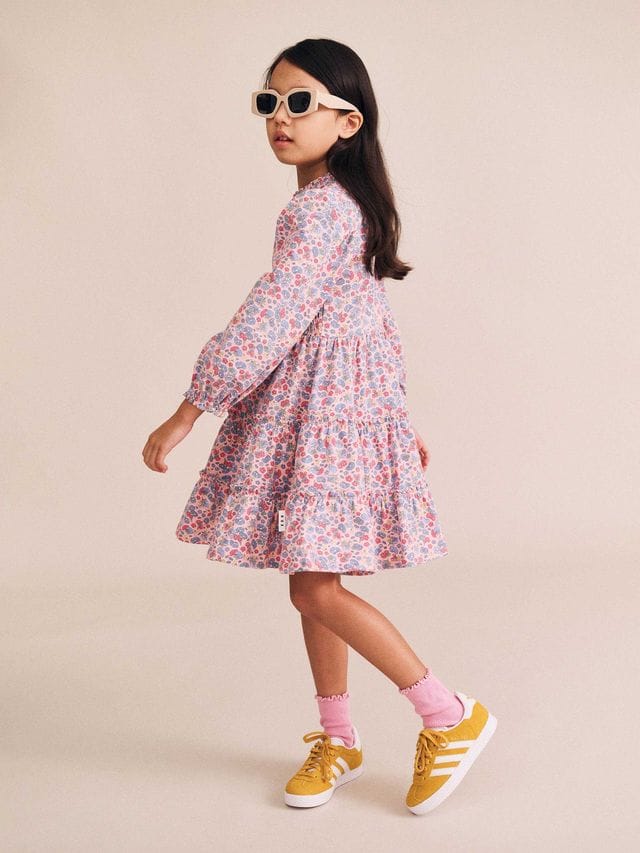 Huxbaby Girls Dress Vintage Floral Puff Long Sleeve Shirred Dress