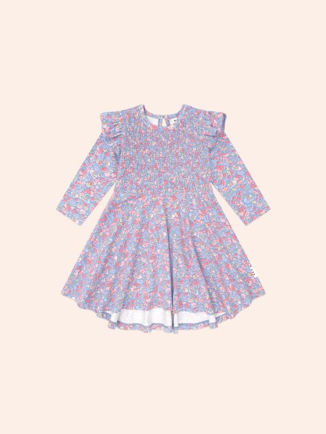 Huxbaby Girls Dress Vintage Floral Shirred L/S Dress