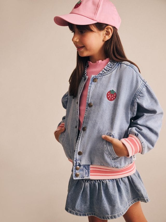 Huxbaby Girls Jacket Dreamy Denim Strawberry Bomber