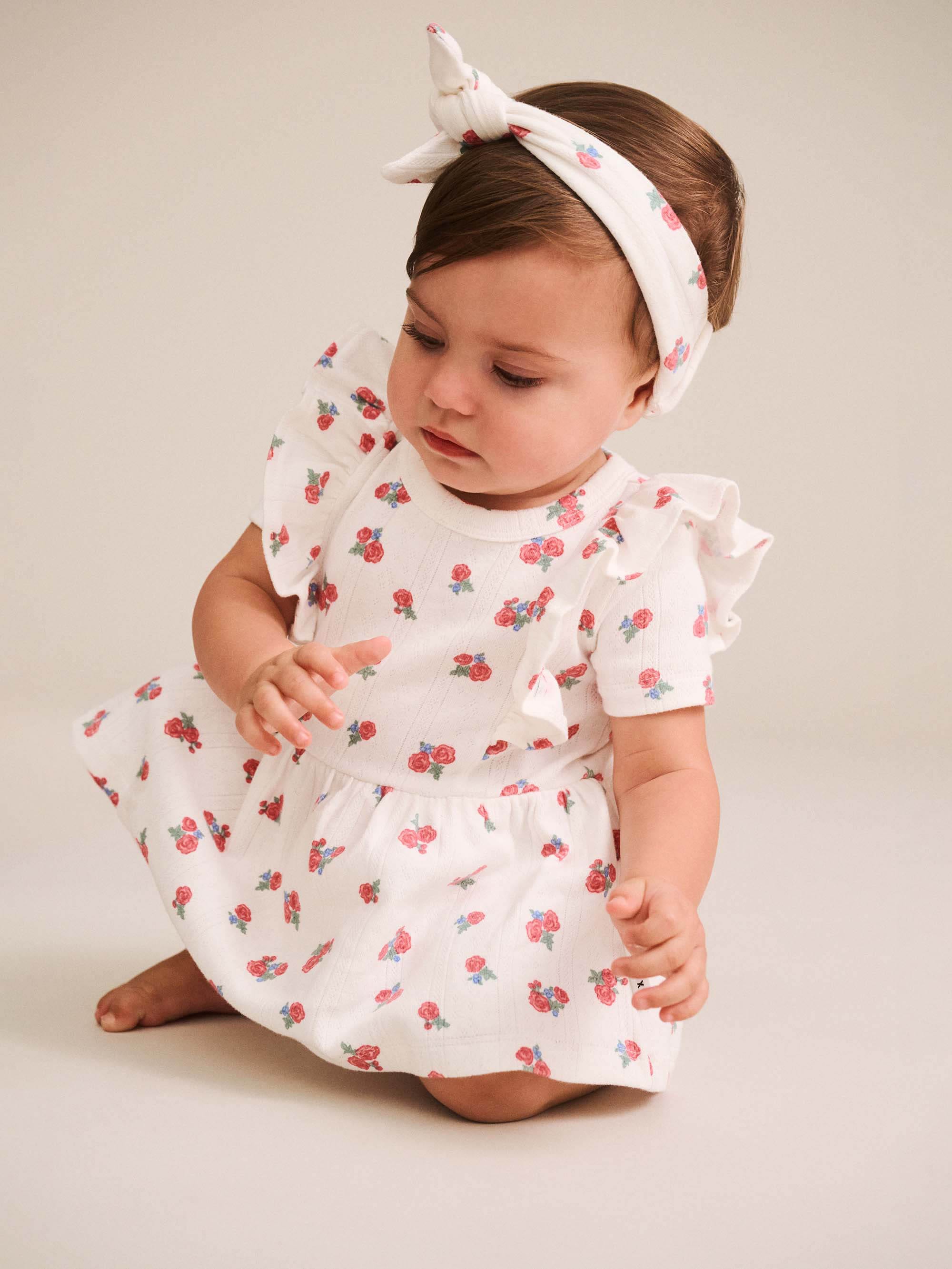 Huxbaby Girls Onesie Floral Pointelle S/less Dress Romper And Headband