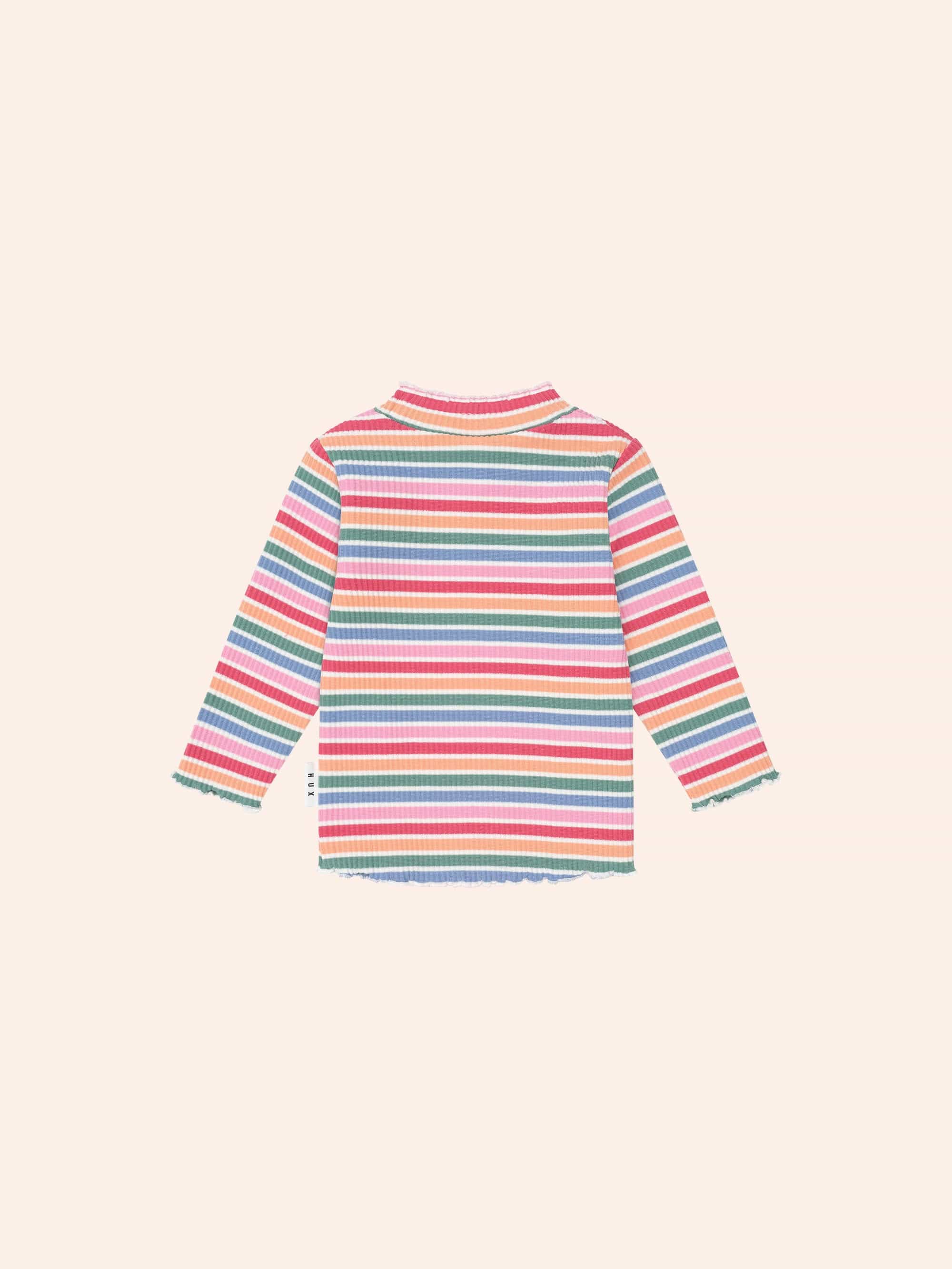 Huxbaby girls' Tutti Frutti stripe rib skivvy top with colorful pattern and long sleeves, soft and comfortable for everyday wear.