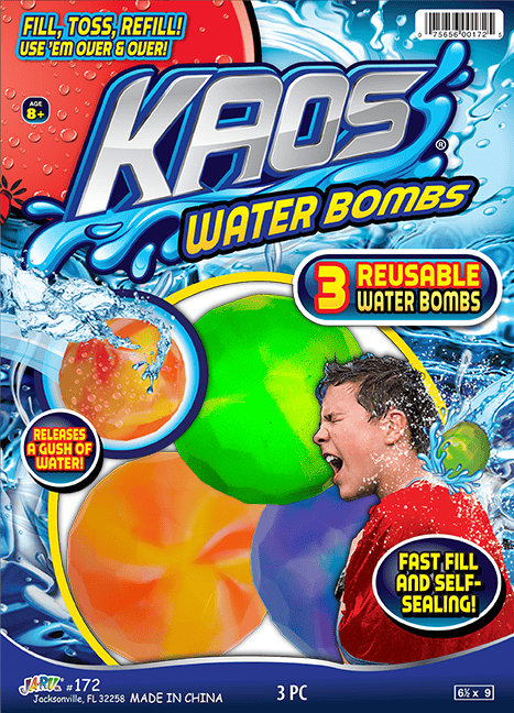 Ja-Ru Kaos reusable water bombs toy set in colorful, water-filled balloon shapes