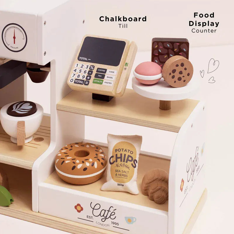 Le Toy Van Barista Cafe Shop wooden toy with detailed counter, shelves, and pretend coffee shop accessories