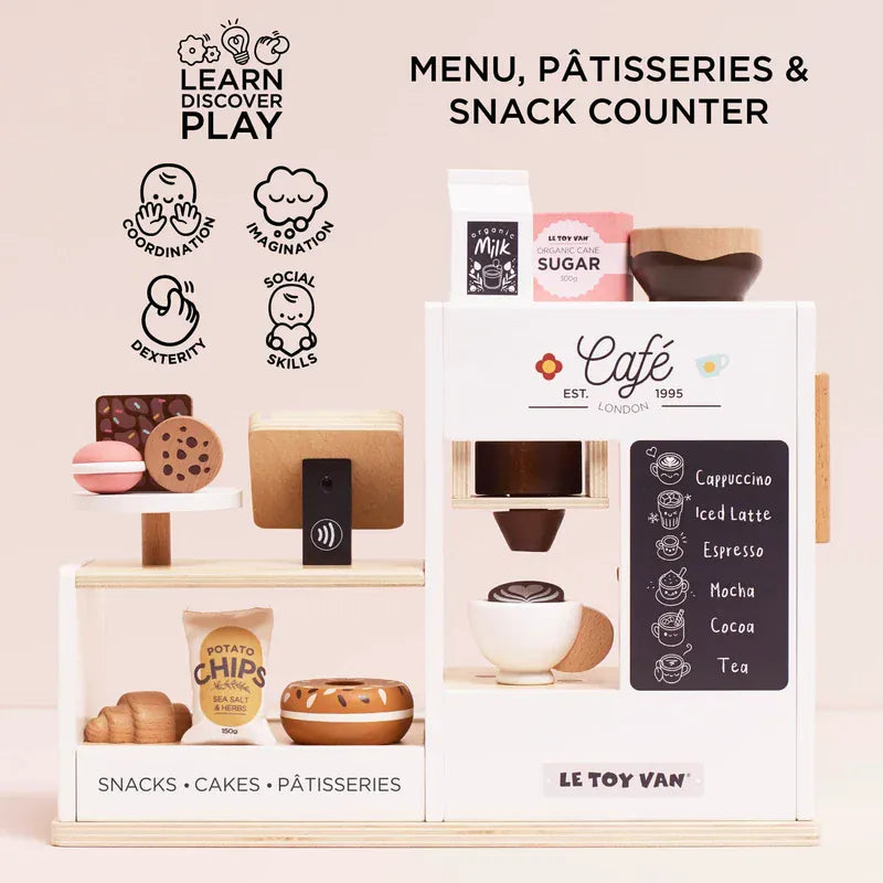 Le Toy Van Barista Cafe Shop toy set with wooden counter, coffee machine, cups, and accessories