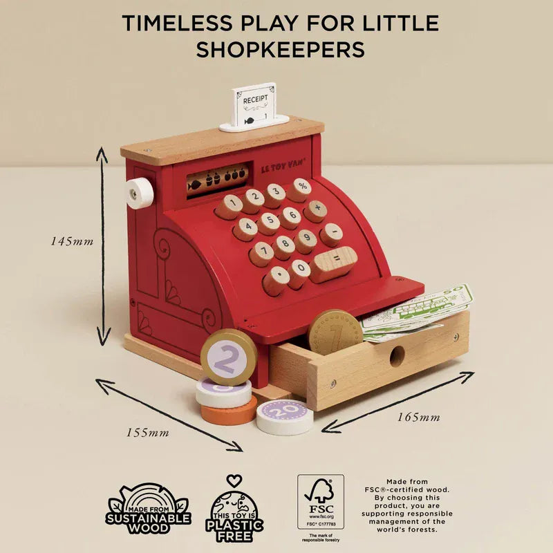 Le Toy Van wooden toy cash register with colorful buttons and play money for imaginative play