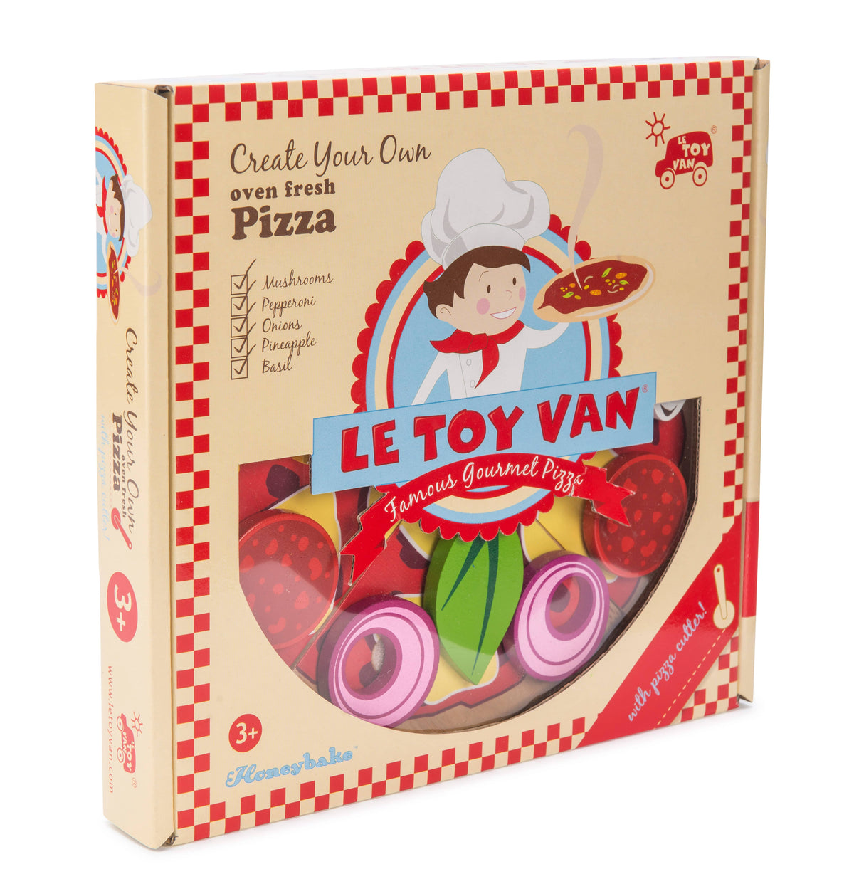 Le Toy Van Create Your Own Pizza toy set with colorful wooden pizza toppings and play food pieces