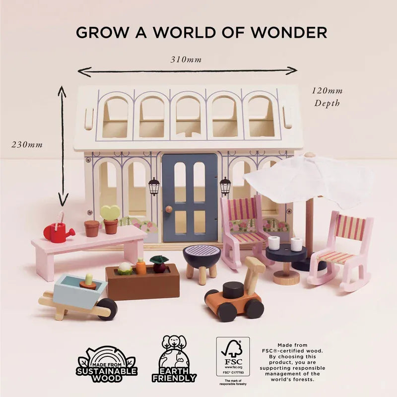 Le Toy Van Dolls House Conservatory Play Set with miniature conservatory furniture and accessories