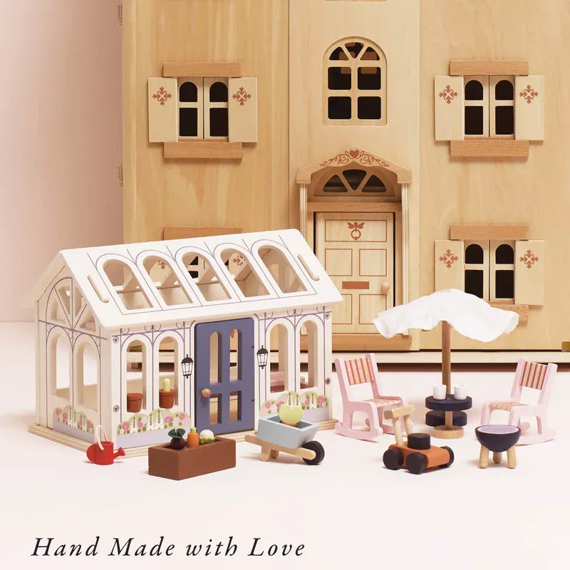 Le Toy Van Dolls House Conservatory Play Set with miniature conservatory furniture and accessories