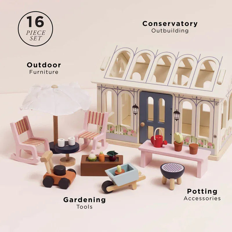 Le Toy Van Dolls House Conservatory Play Set with miniature furniture and glass-style windows