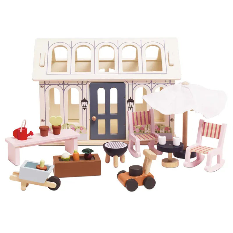 Le Toy Van Dolls House Conservatory Play Set with miniature furniture and glass-style windows