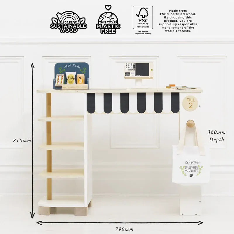 Le Toy Van supermarket till checkout and accessories toy set with wooden cash register and play items