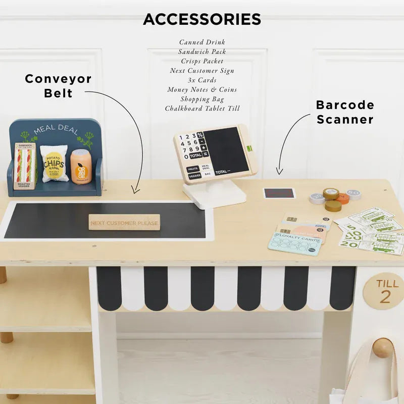Le Toy Van supermarket till checkout and accessories toy set with wooden play cash register and checkout items