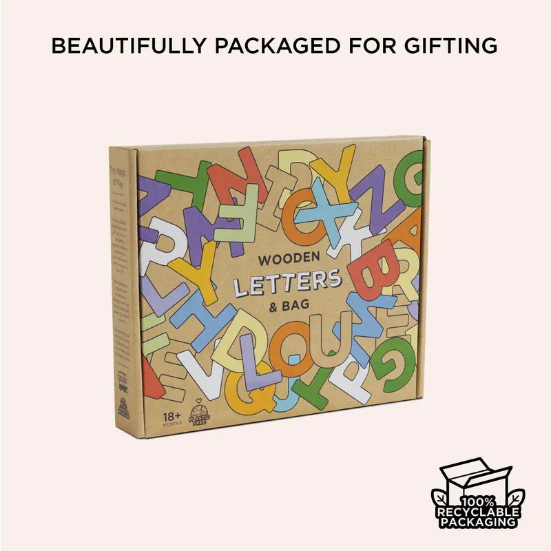 Le Toy Van wooden letters and bag set toys displayed together