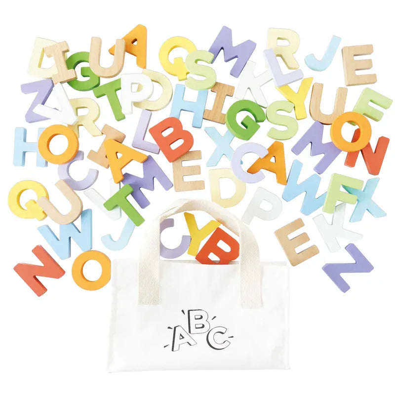 Le Toy Van wooden letters and bag set toy for children, colorful alphabet pieces in a storage bag