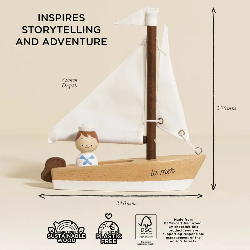 Le Toy Van wooden sailing boat toy with captain figure on board