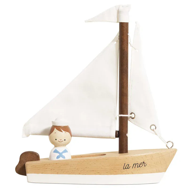 Le Toy Van wooden sailing boat and captain toy in natural wood colors