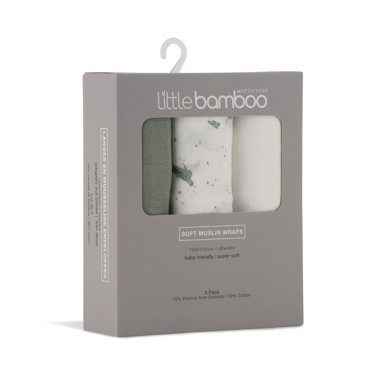Set of three Little Bamboo Muslin Wraps featuring turtle bay designs, perfect as baby accessories for comfort and style.