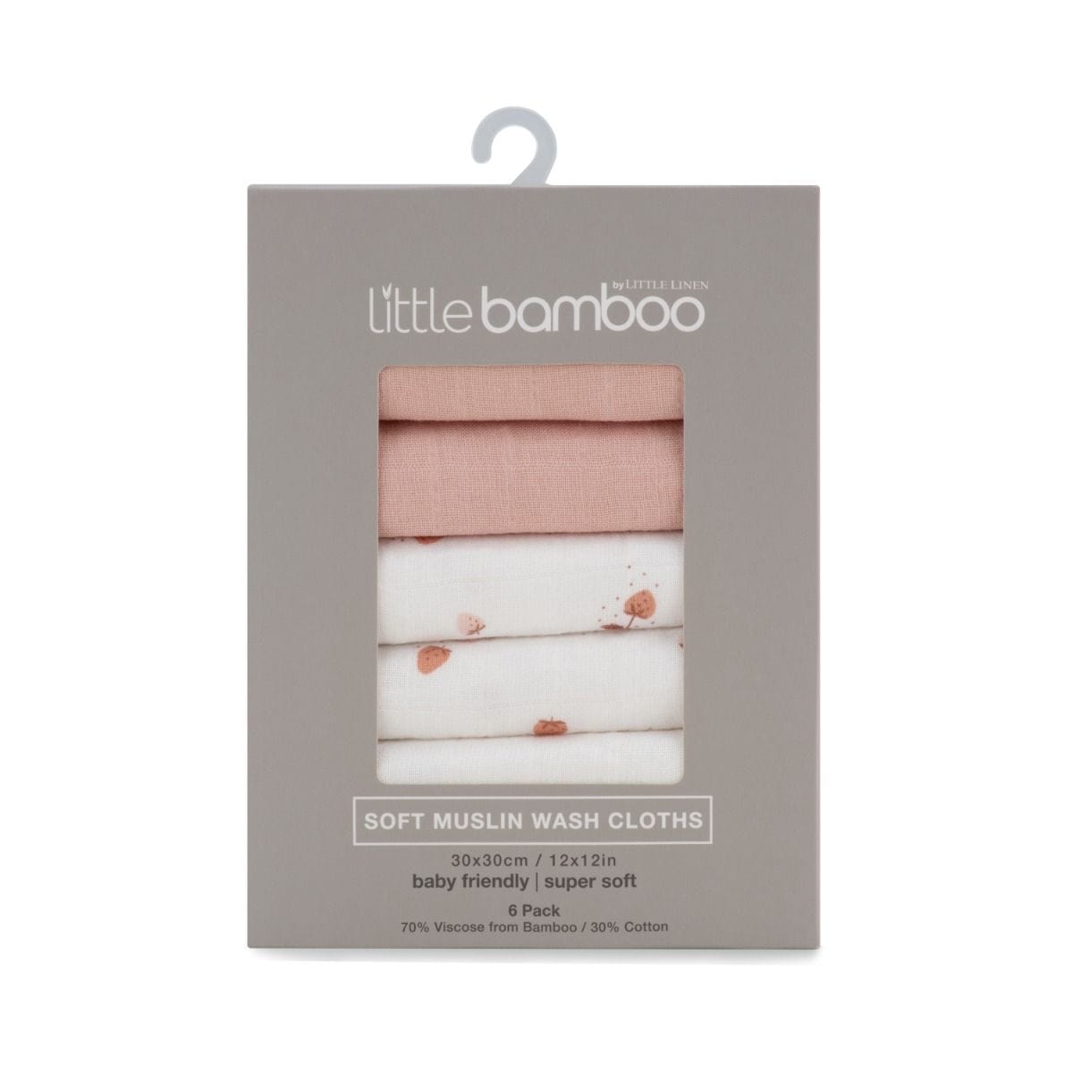 Six dusty rose Little Bamboo linen muslin washers for bath, soft and reusable, in a 6-pack for gentle cleansing.