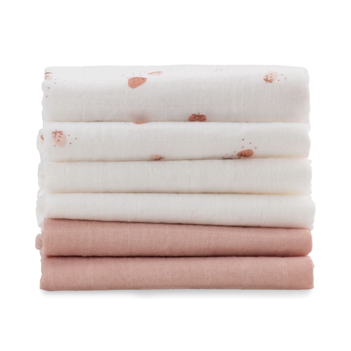 Six dusty rose Little Bamboo linen bath muslin washers arranged in a pack, soft and absorbent for gentle cleansing.