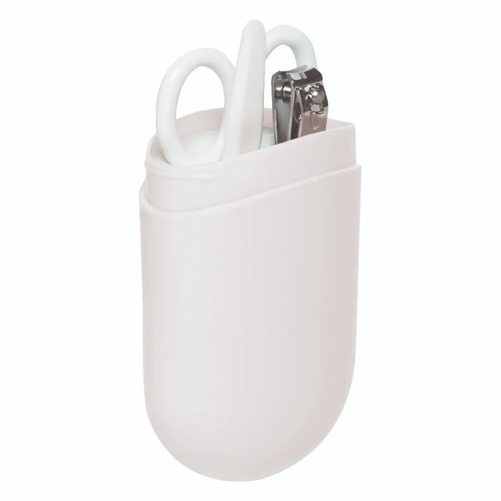 Baby manicure set in white with baby-safe nail scissors and clippers, designed for gentle infant nail care by LUMA.