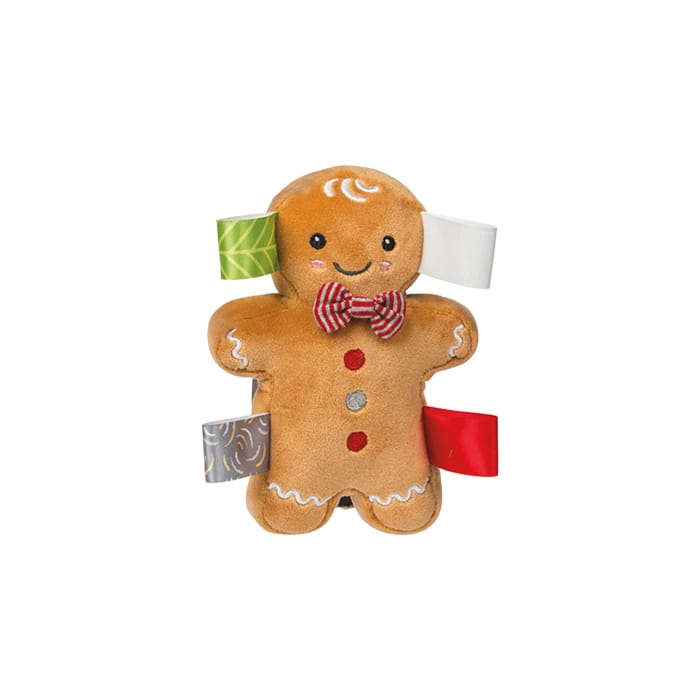 Mary Meyer Taggies Merry Mingle gingerbread man soft rattle toy with colorful ribbons