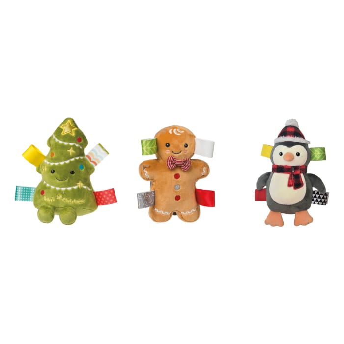 Mary Meyer Taggies Merry Mingle Rattle soft toy with colorful ribbons and textured details