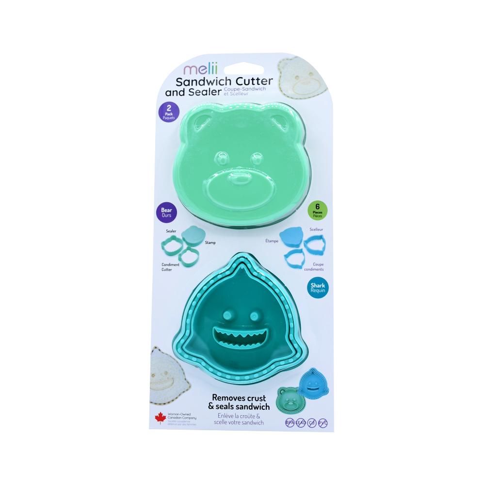 Melii 3-in-1 Sandwich Cutters 2-pack featuring bear and shark shapes, perfect for fun, shaped sandwiches for kids.