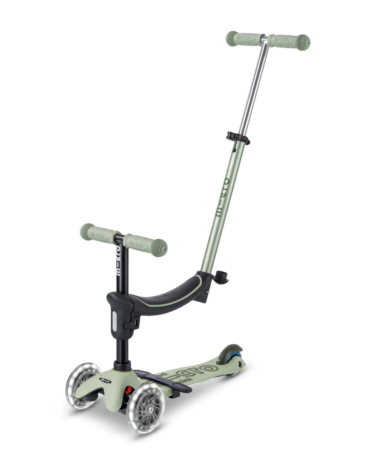 Micro Mini2Grow Deluxe LED scooter in olive sage green with illuminated wheels encased in plastic guards