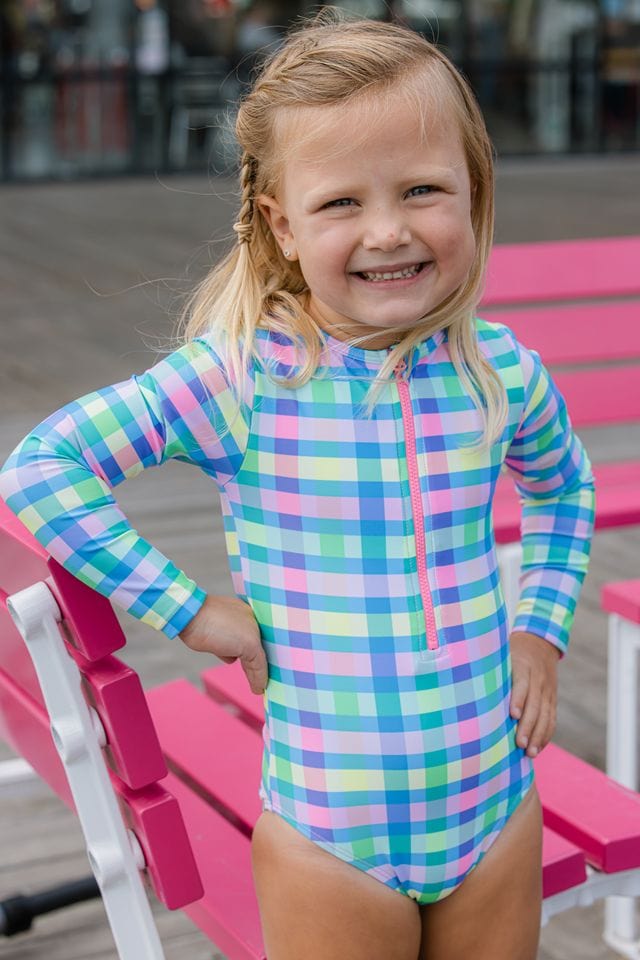 Milky Girls Swimwear 3-6M Picnic Check Long Sleeve Swimsuit