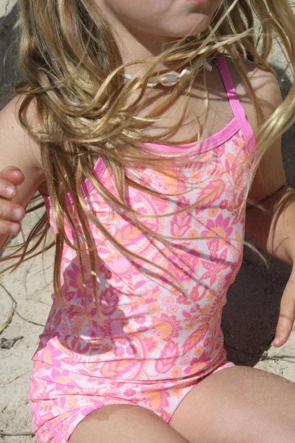 Girls Wild Paisley Swimsuit by Milky featuring vibrant paisley print and comfortable swimwear design for young girls.
