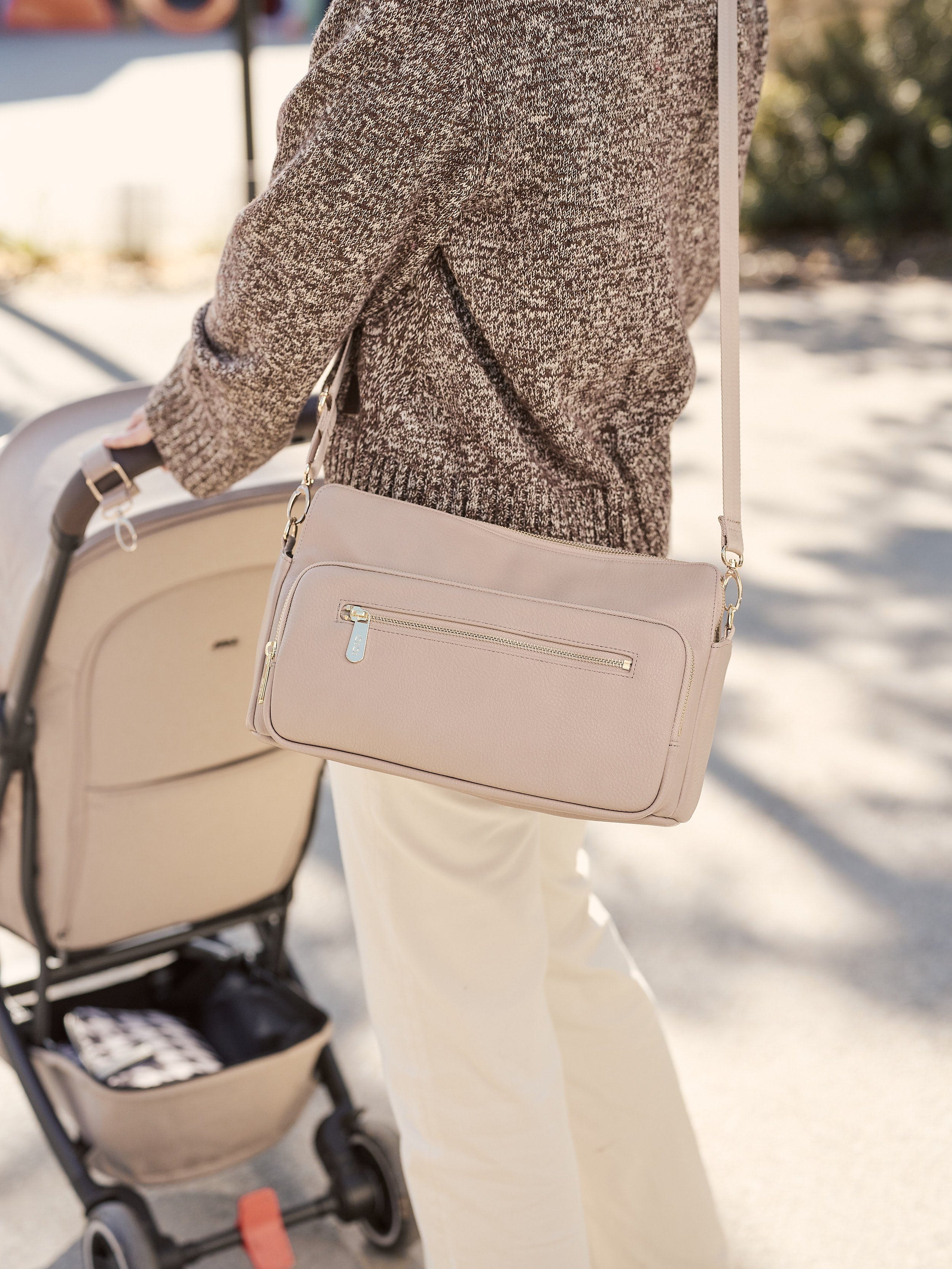 OiOi Baby Accessory Multitasker Pram Caddy - Oat Vegan Leather
