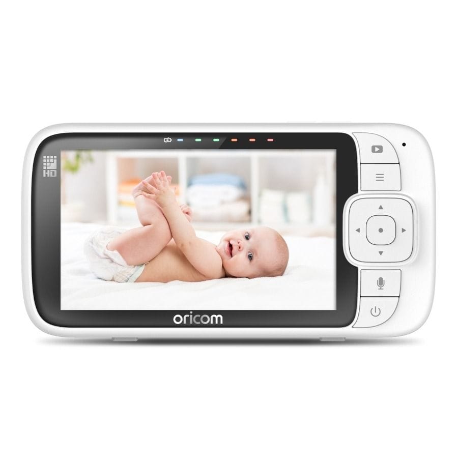 Oricom 5-inch Smart HD Nursery Pal Glow+ baby monitor displaying a live video feed in a nursery room.