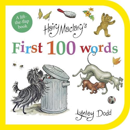 Children's book titled Hairy Maclary's First 100 Words by Penguin NZ, featuring colorful illustrations of animals and early learning images.