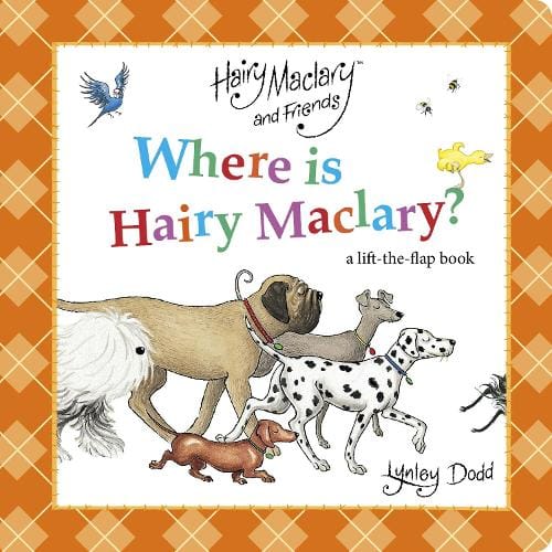 Children's lift-the-flap book titled "Where is Hairy Maclary?" by Penguin NZ showing colorful cover with illustrations of Hairy Maclary.