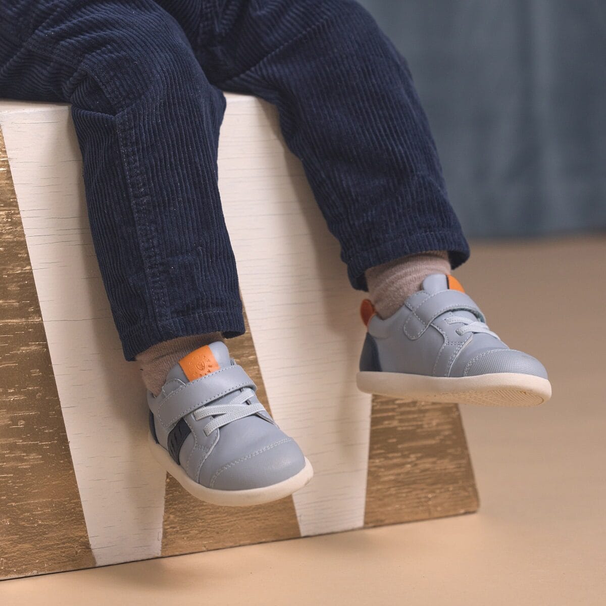 Pretty Brave SID Indigo Combo boys shoes with navy and tan leather accents, featuring velcro straps and durable rubber soles.